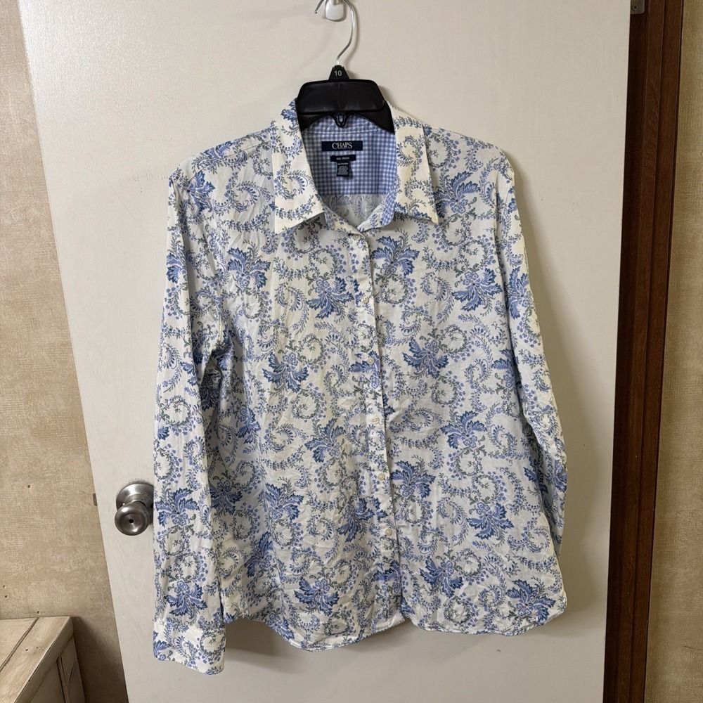 Chaps Classic Blouse Womens XXL Blue White Paisley 100% Cotton Button Up Shirt